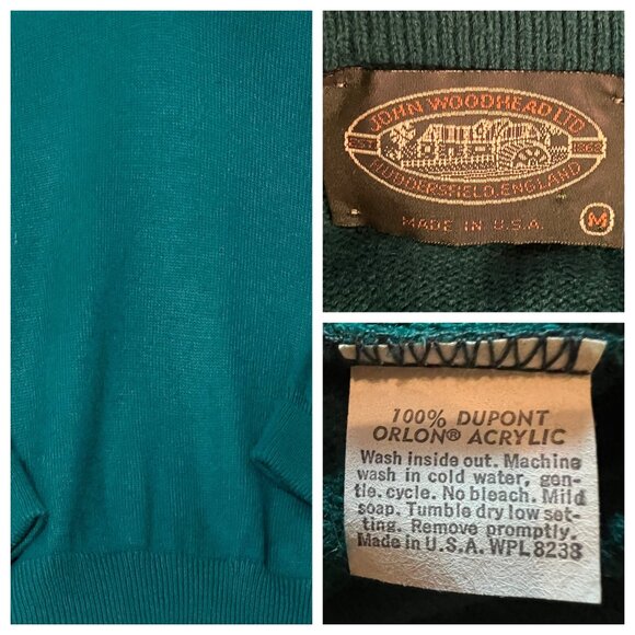 Vintage John Woodhead SWeater Men's MAcrylic V-Neck Sweater Teal Medium Stretch - Picture 7 of 13